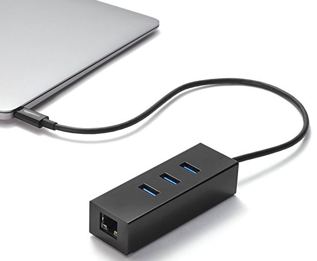 AmazonBasics USB Type-C to 3 Port USB Hub with Ethernet Adapter